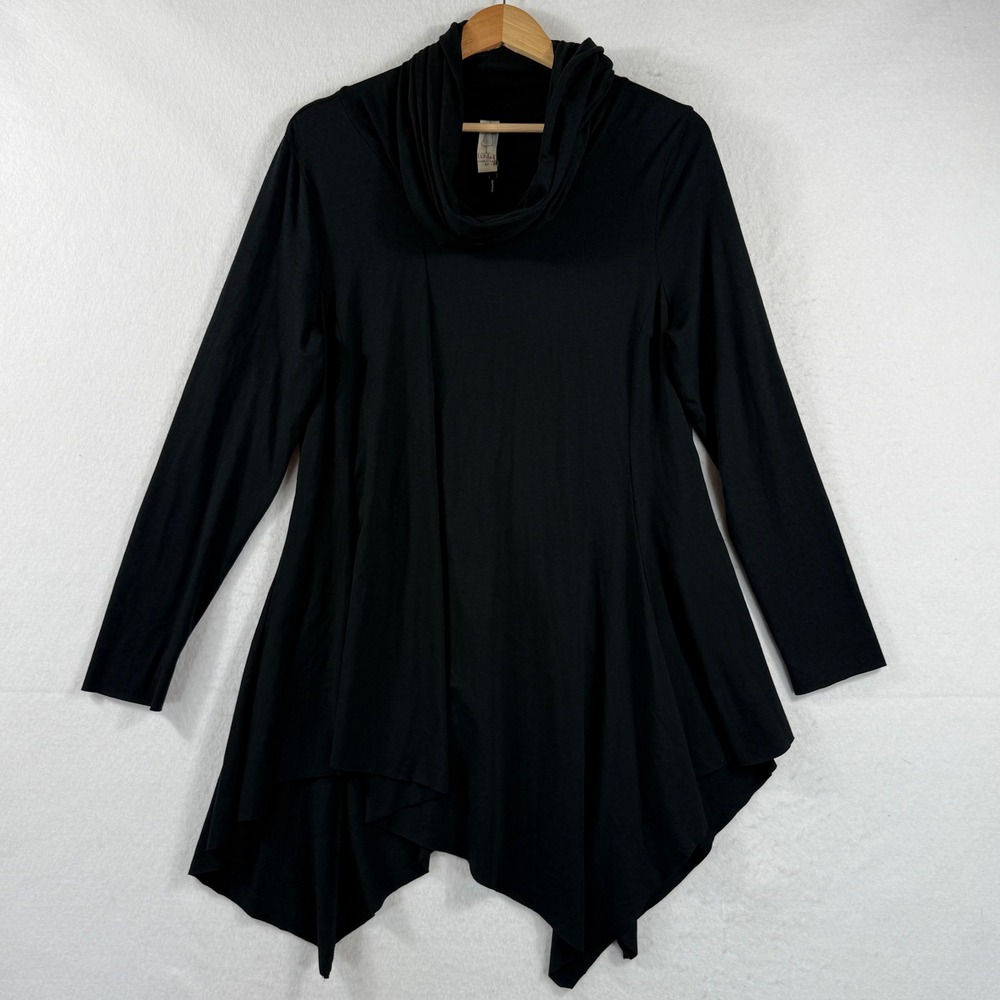 Chalet Tunic Top Womens Medium Black Cowl Neck Sharkbite Hem Lagenlook Goth NEW